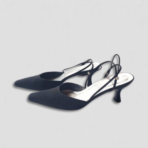 Stuart Weitzman Rhinestone Kitten Heeled Mules Slingback Pumps Matte Black sz 8 - Picture 1 of 7